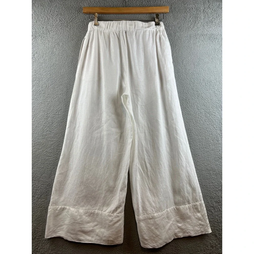 Zara Womens White Linen Wide Leg Drawstring Elastic Waist Crop Pants Pocketed S